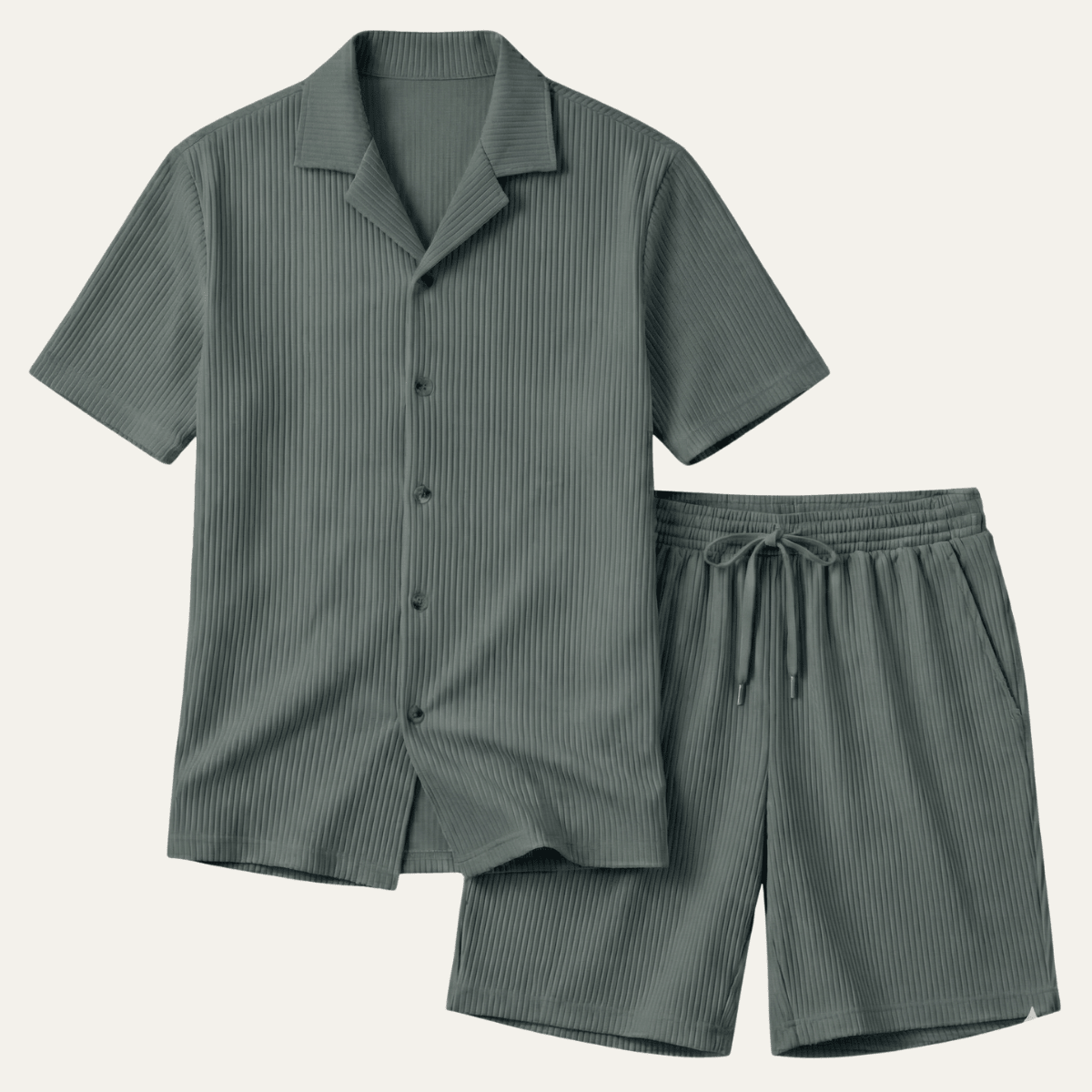 Herren-Lounge-Set — Geripptes Kurzarm-Top & Kordelzug-Shorts