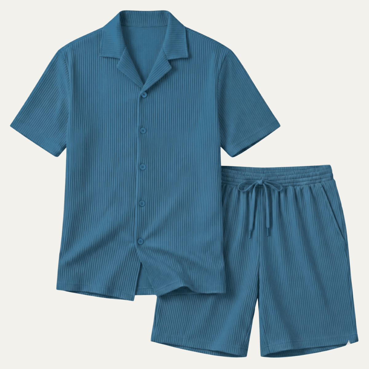 Herren-Lounge-Set — Geripptes Kurzarm-Top & Kordelzug-Shorts