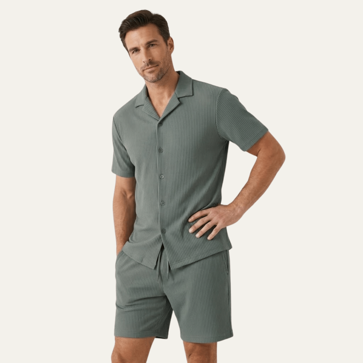 Herren-Lounge-Set — Geripptes Kurzarm-Top & Kordelzug-Shorts