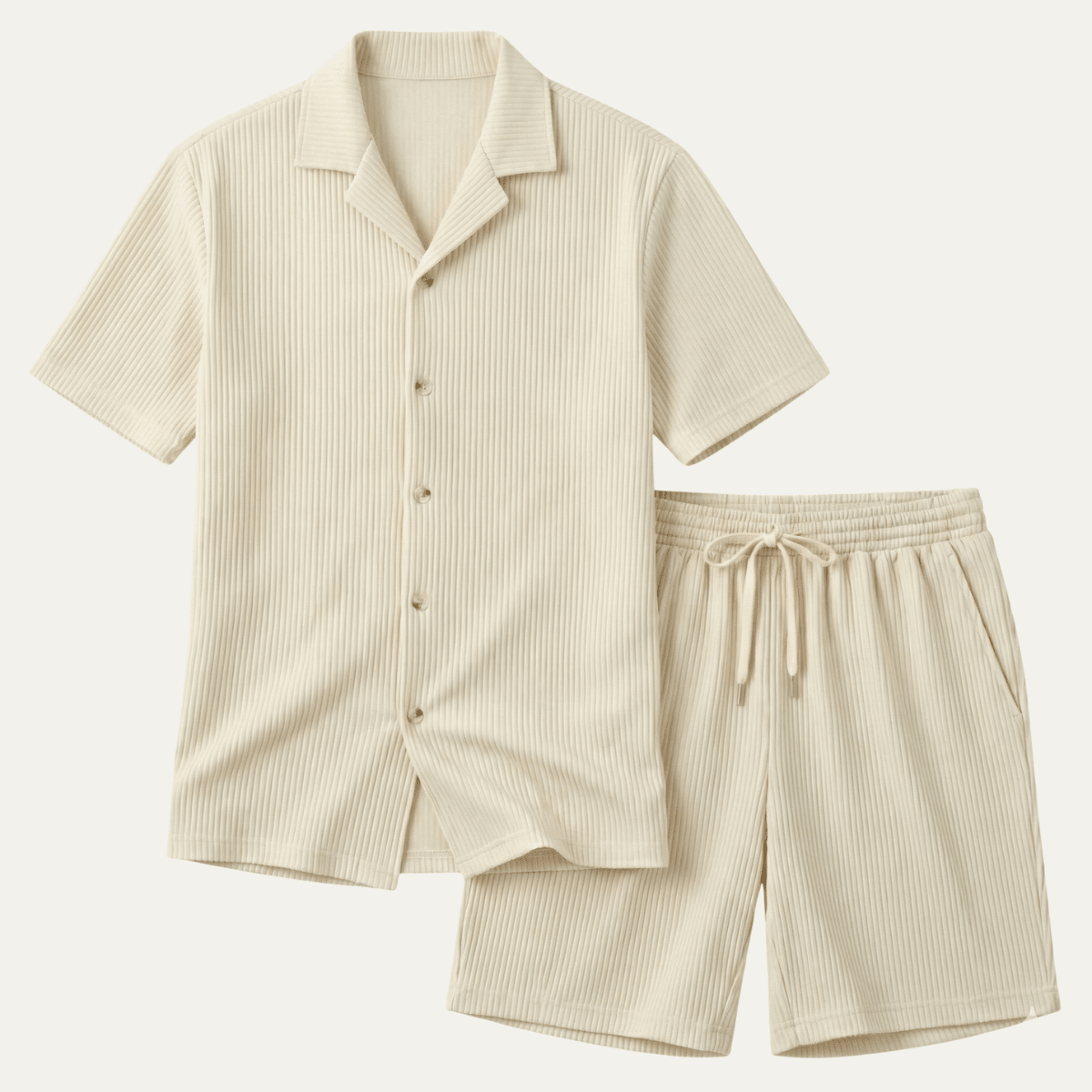 Herren-Lounge-Set — Geripptes Kurzarm-Top & Kordelzug-Shorts