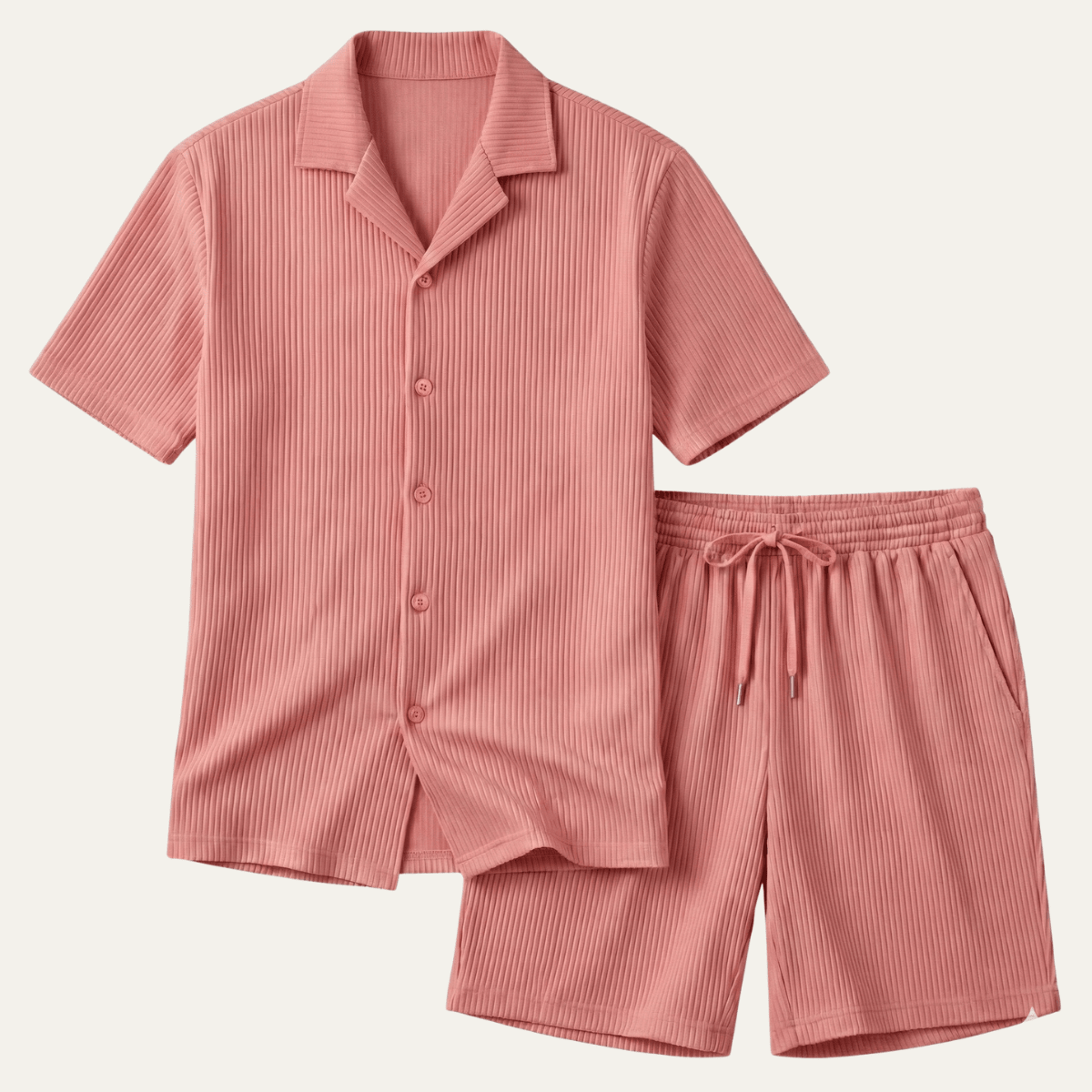 Herren-Lounge-Set — Geripptes Kurzarm-Top & Kordelzug-Shorts