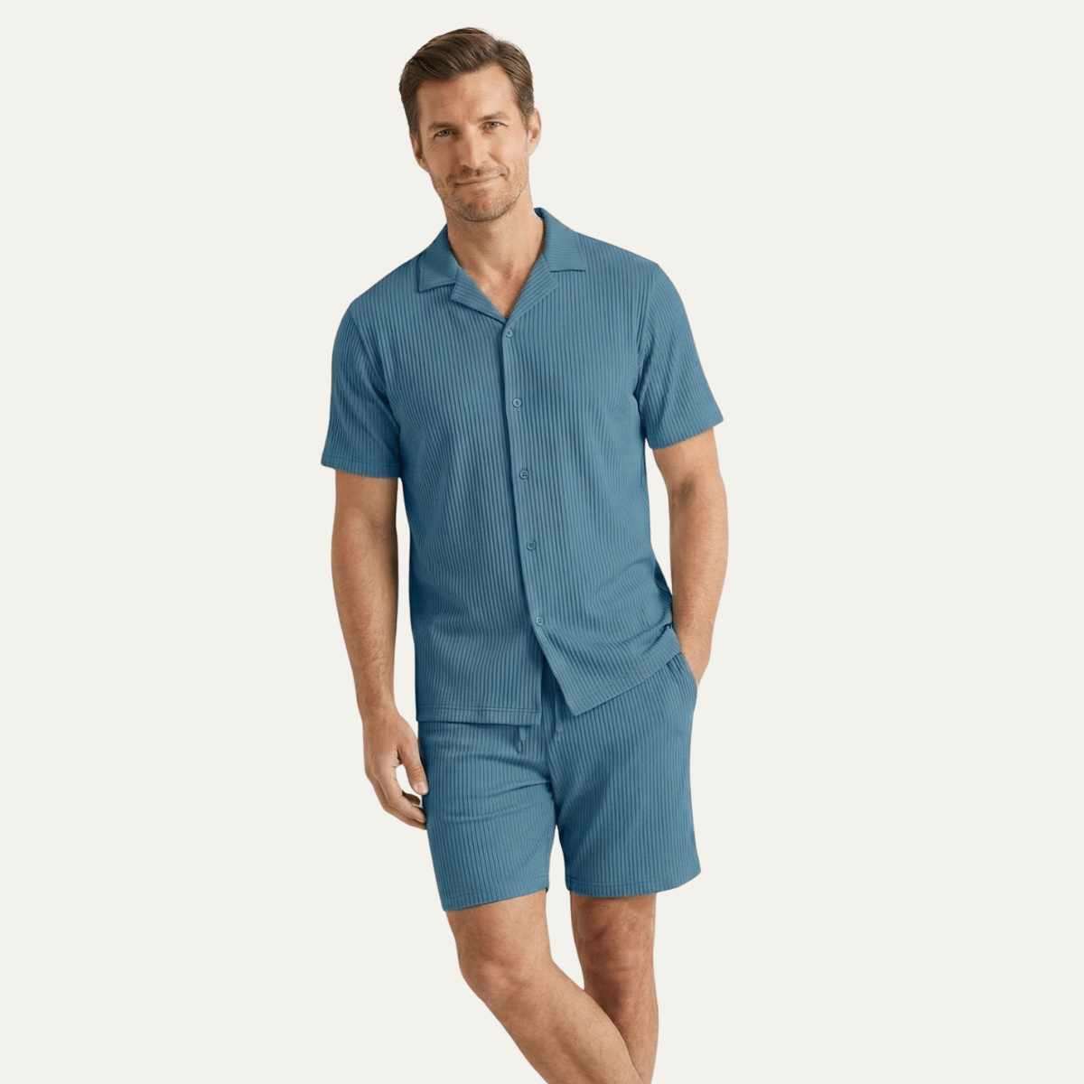 Herren-Lounge-Set — Geripptes Kurzarm-Top & Kordelzug-Shorts