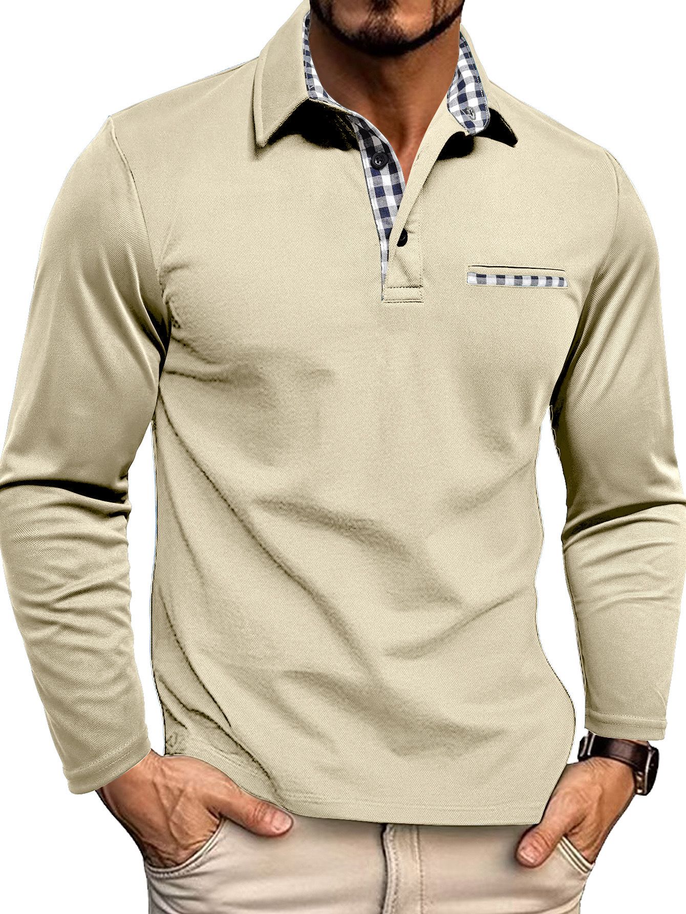 Herren-Poloshirt — Reguläre Passform, lange Ärmel, Knopfleiste