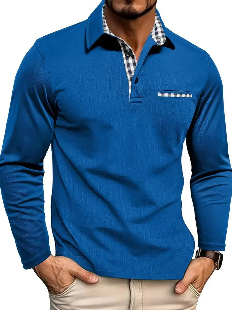 Herren-Poloshirt — Reguläre Passform, lange Ärmel, Knopfleiste