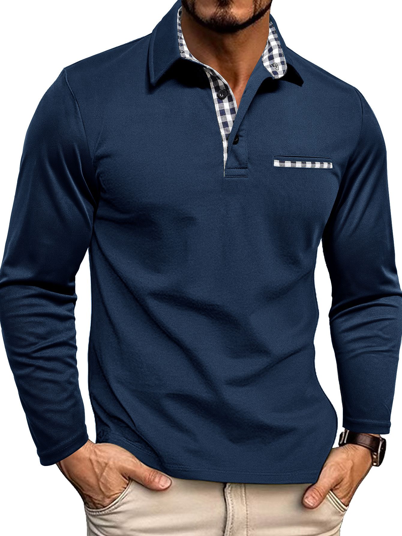 Herren-Poloshirt — Reguläre Passform, lange Ärmel, Knopfleiste