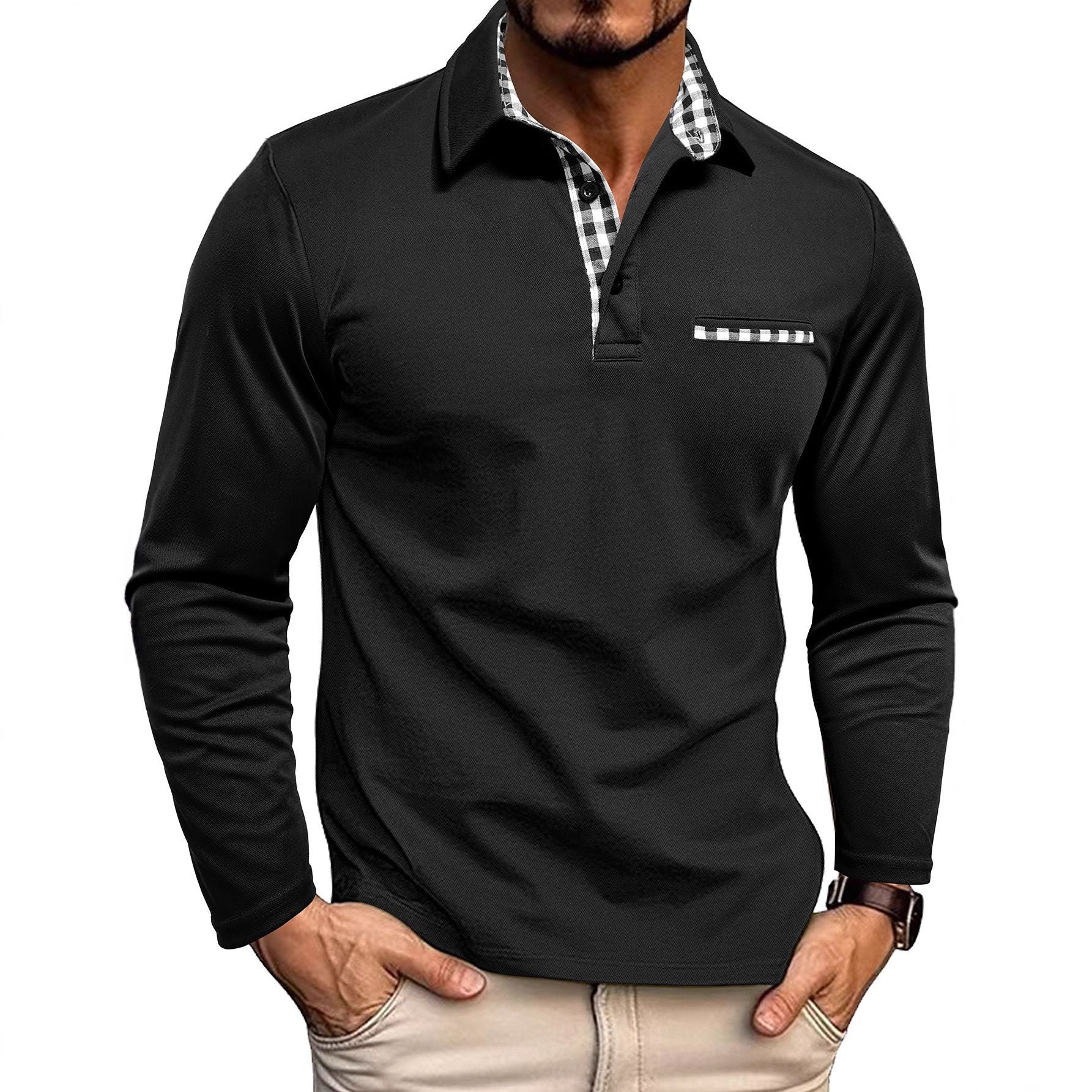 Herren-Poloshirt — Reguläre Passform, lange Ärmel, Knopfleiste