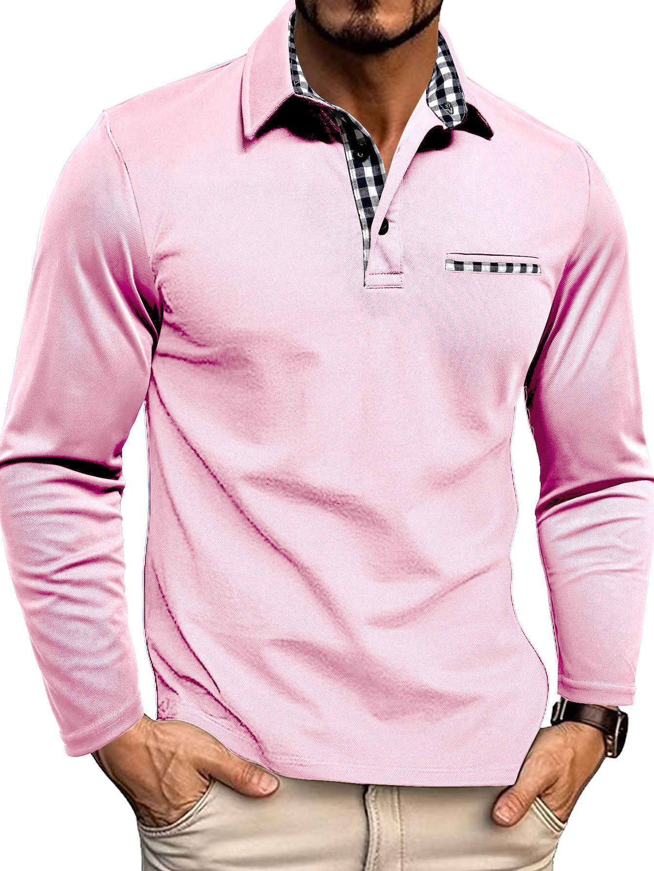 Herren-Poloshirt — Reguläre Passform, lange Ärmel, Knopfleiste