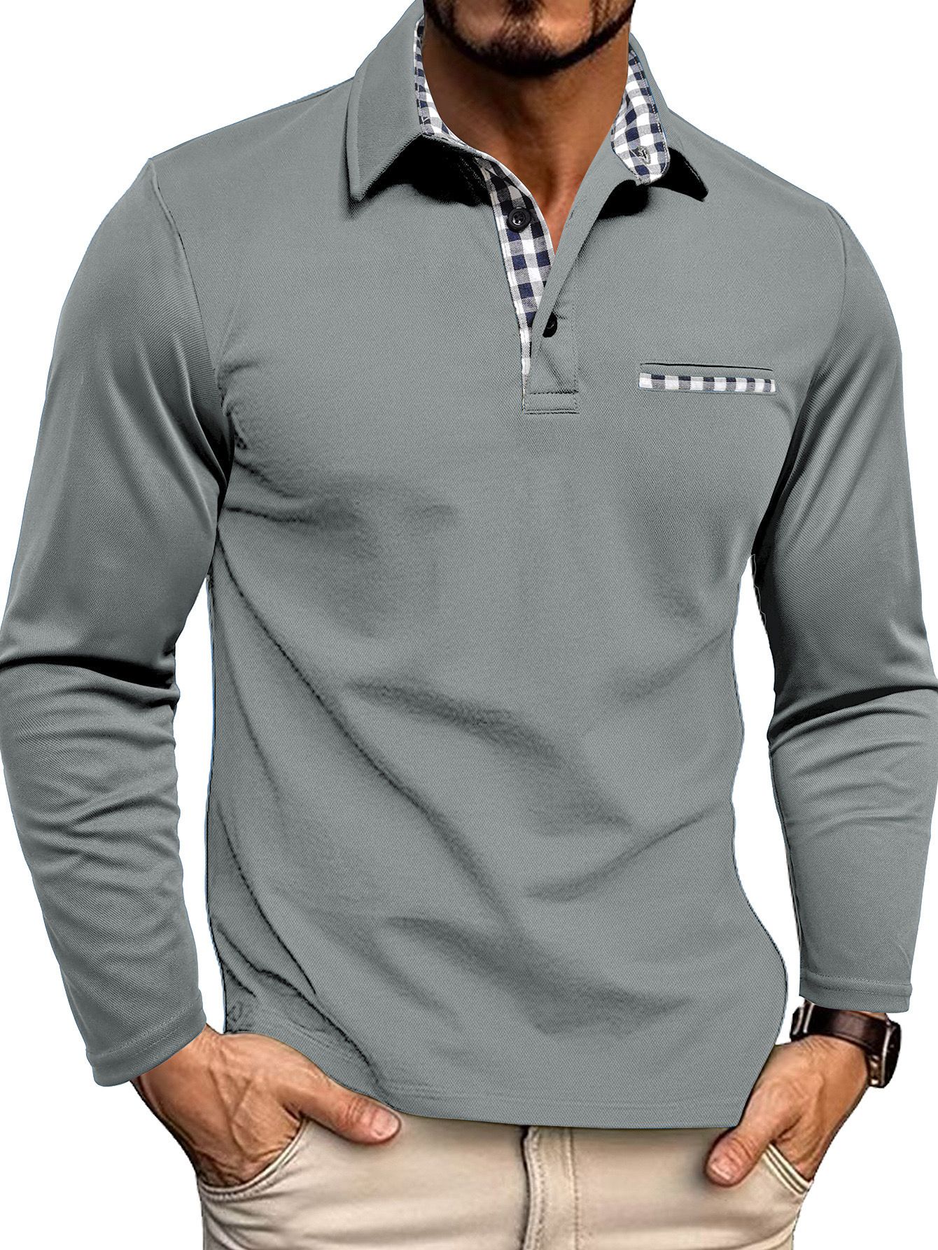 Herren-Poloshirt — Reguläre Passform, lange Ärmel, Knopfleiste