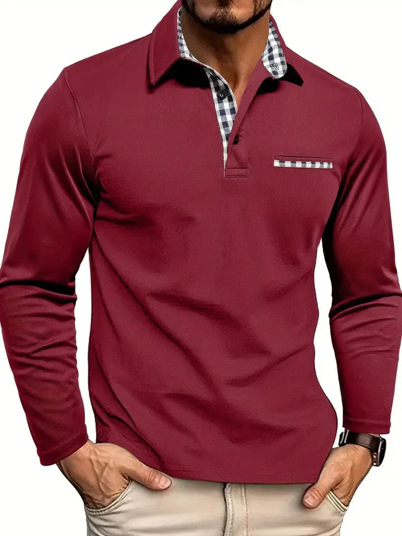 Herren-Poloshirt — Reguläre Passform, lange Ärmel, Knopfleiste