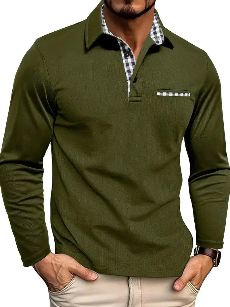 Herren-Poloshirt — Reguläre Passform, lange Ärmel, Knopfleiste