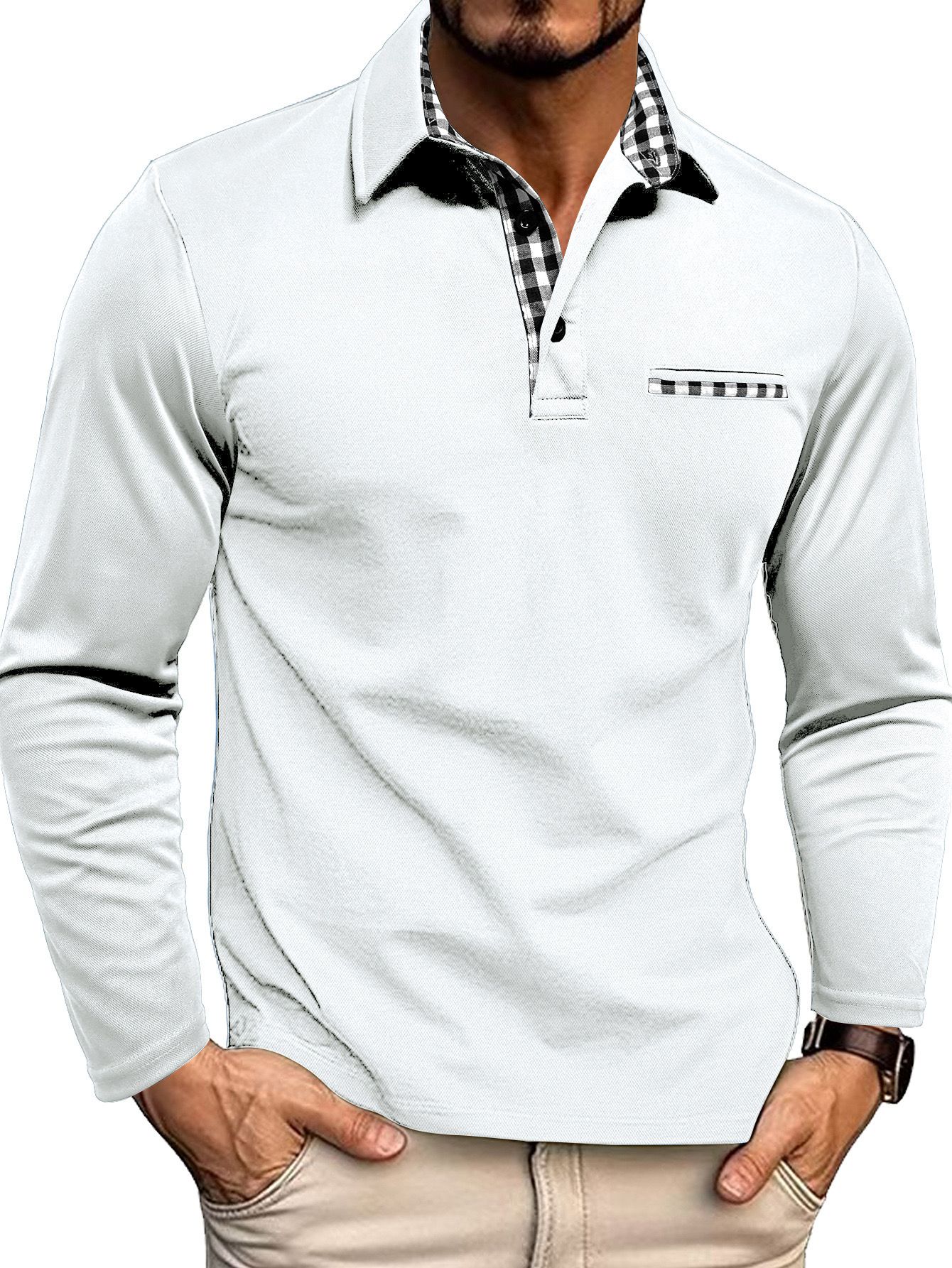 Herren-Poloshirt — Reguläre Passform, lange Ärmel, Knopfleiste