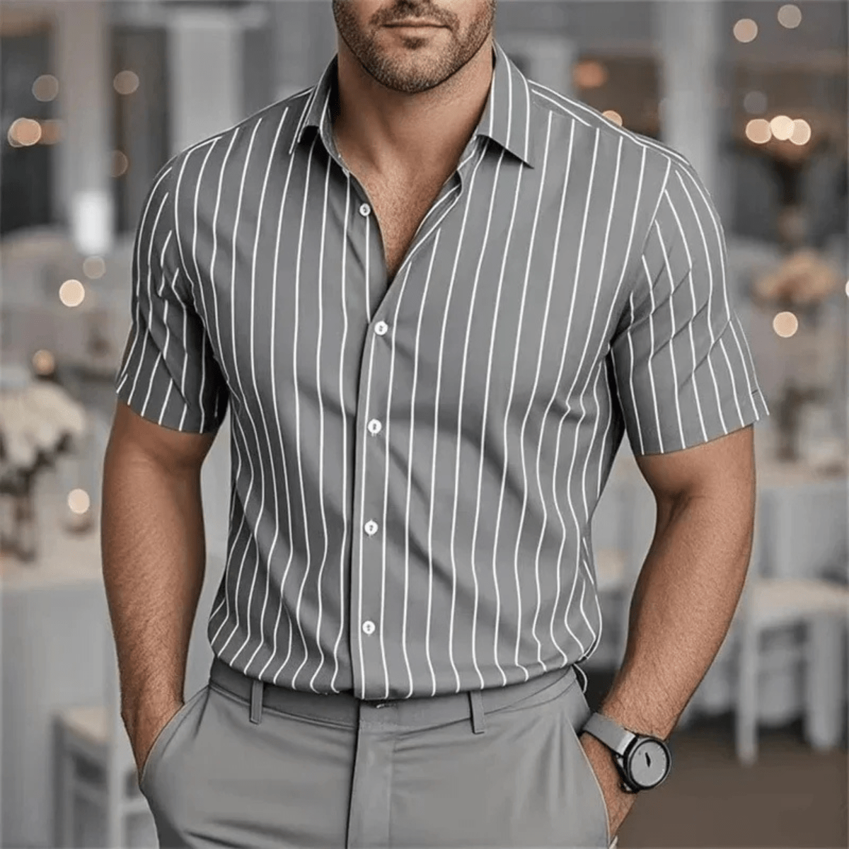 Camisa de hombre — Patrón a rayas, mangas largas y tapeta con botones