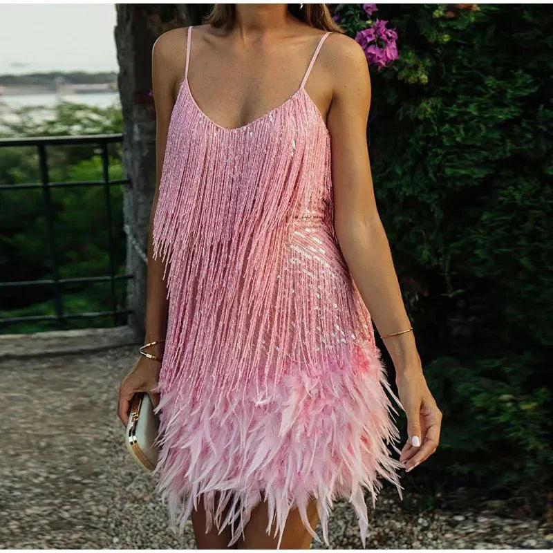 Mini Dress Women Sequined Surface with Feather Detail Design Feature