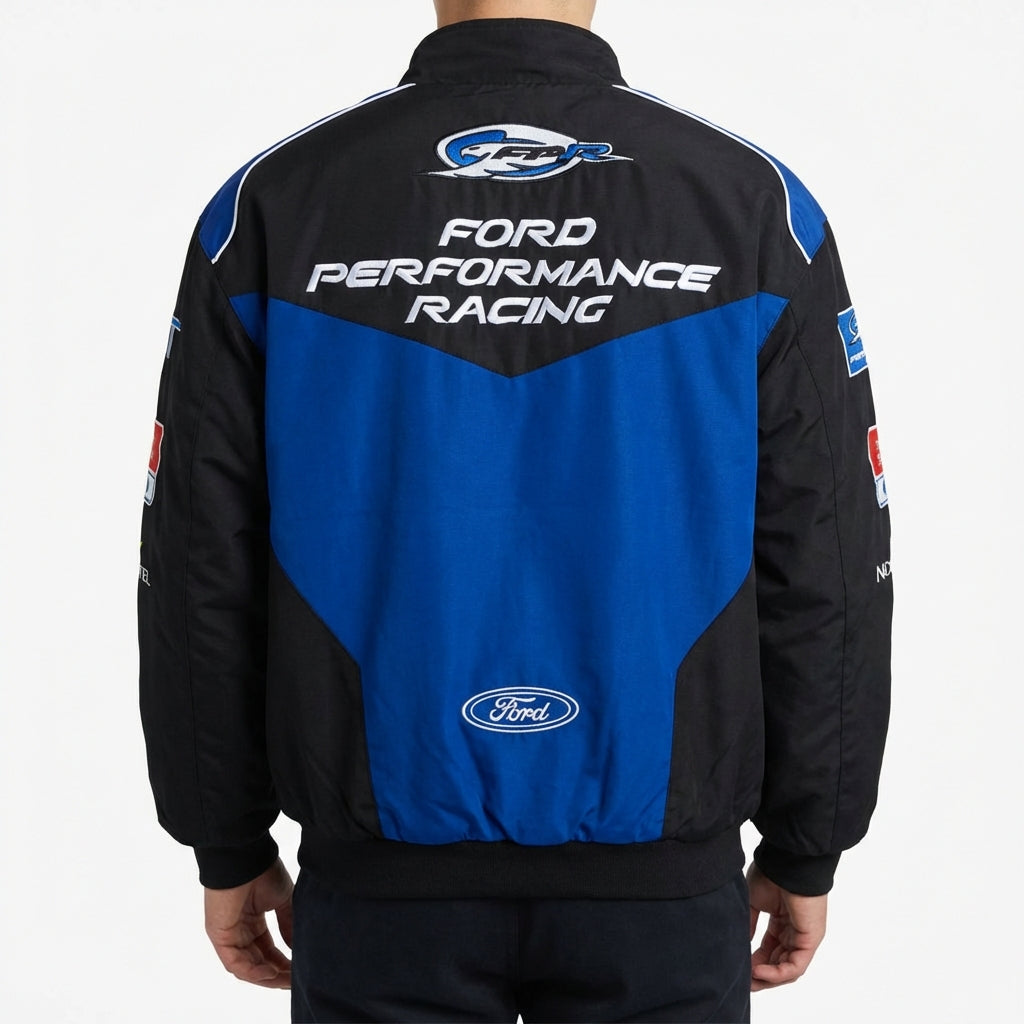 Ford Performance Racing Bestickte Rennjacke Schwarz/Blau | Rennsport-Team-Oberbekleidung mit Reißverschluss vorne