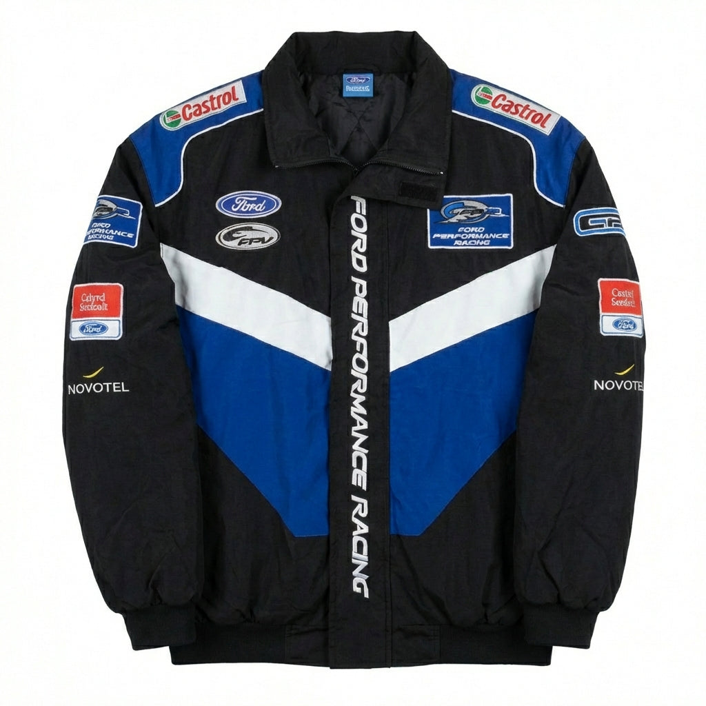 Ford Performance Racing Embroidered Racing Jacket Black/Blue | Zip-Front Motorsport Team Outerwear