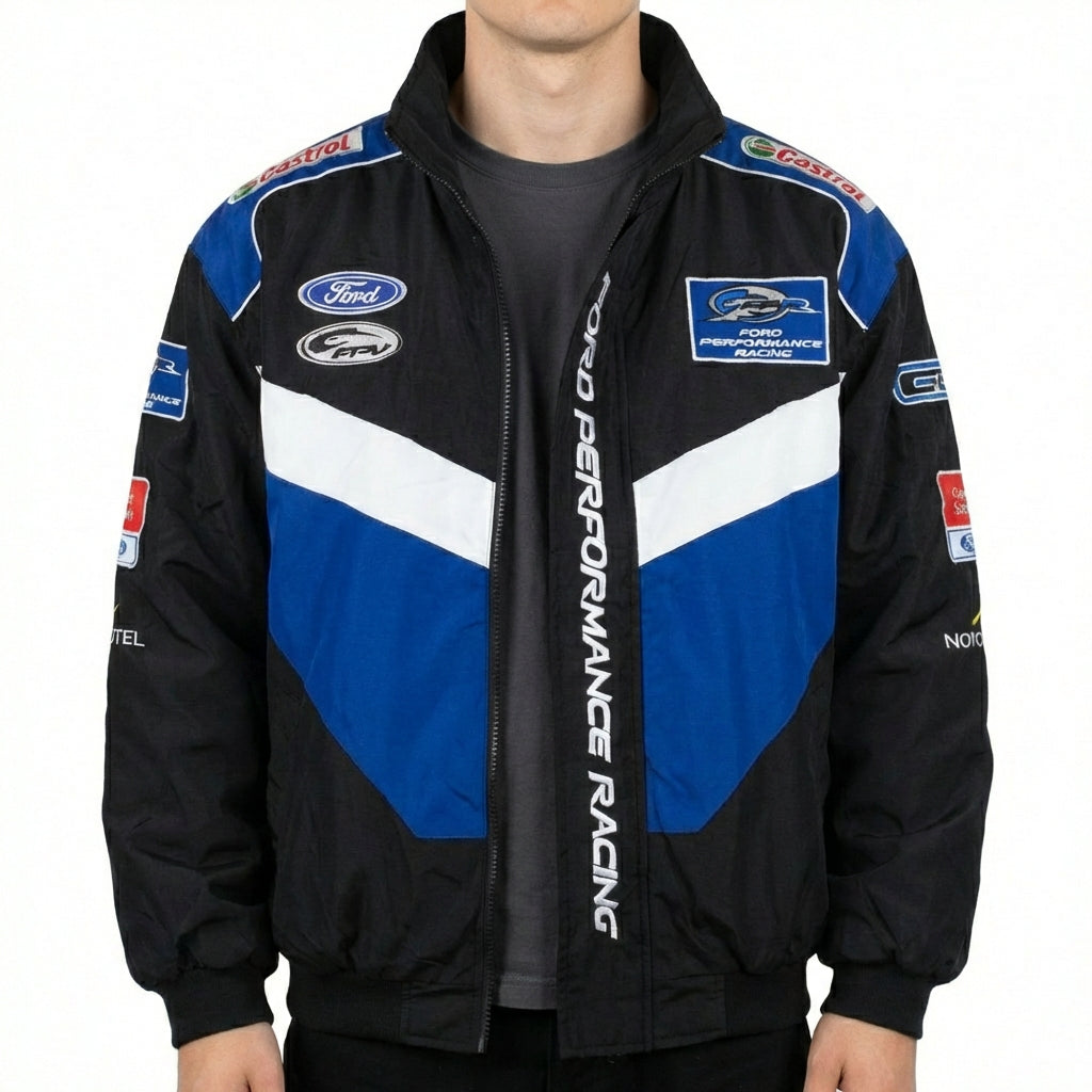 Ford Performance Racing Embroidered Racing Jacket Black/Blue | Zip-Front Motorsport Team Outerwear