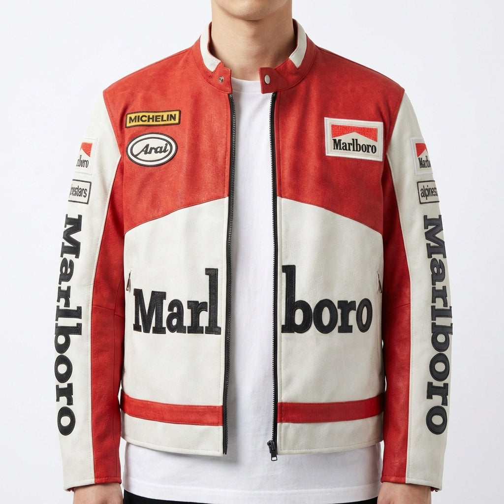 Chaqueta Marlboro Racing Color Block Roja Blanca | Cremallera frontal con logo parche estilo moto