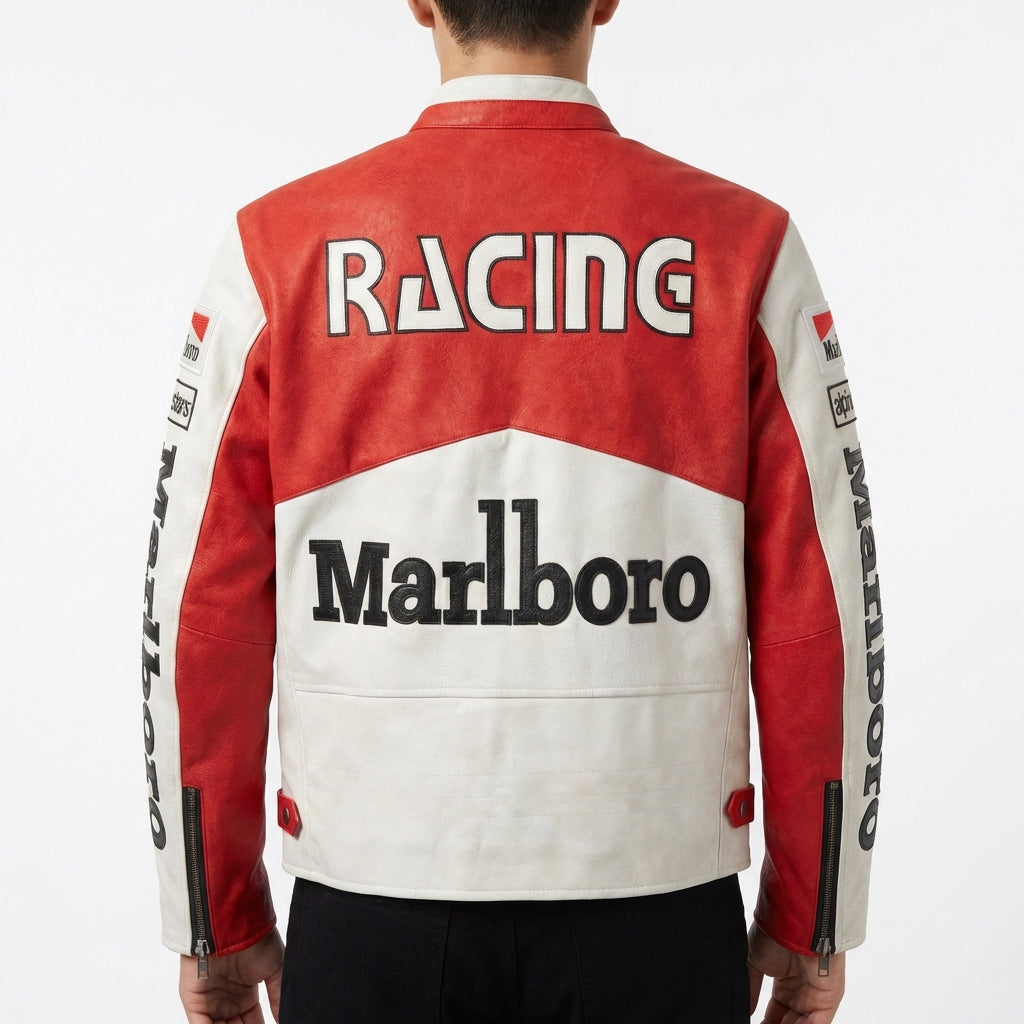 Chaqueta Marlboro Racing Color Block Roja Blanca | Cremallera frontal con logo parche estilo moto
