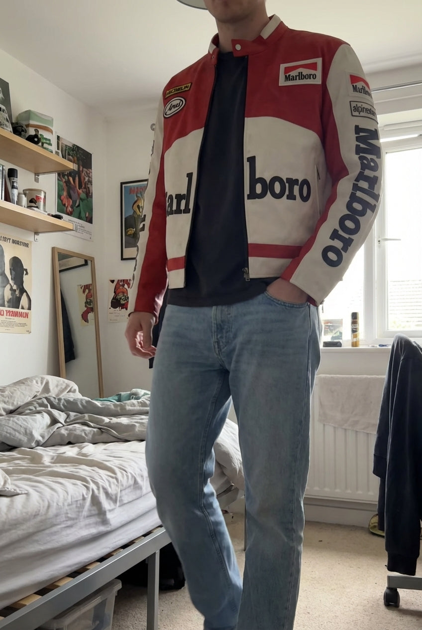 Chaqueta Marlboro Racing Color Block Roja Blanca | Cremallera frontal con logo parche estilo moto