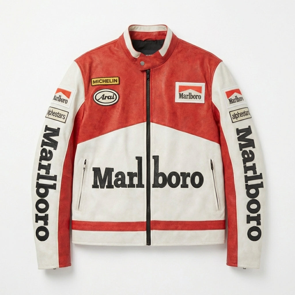 Chaqueta Marlboro Racing Color Block Roja Blanca | Cremallera frontal con logo parche estilo moto