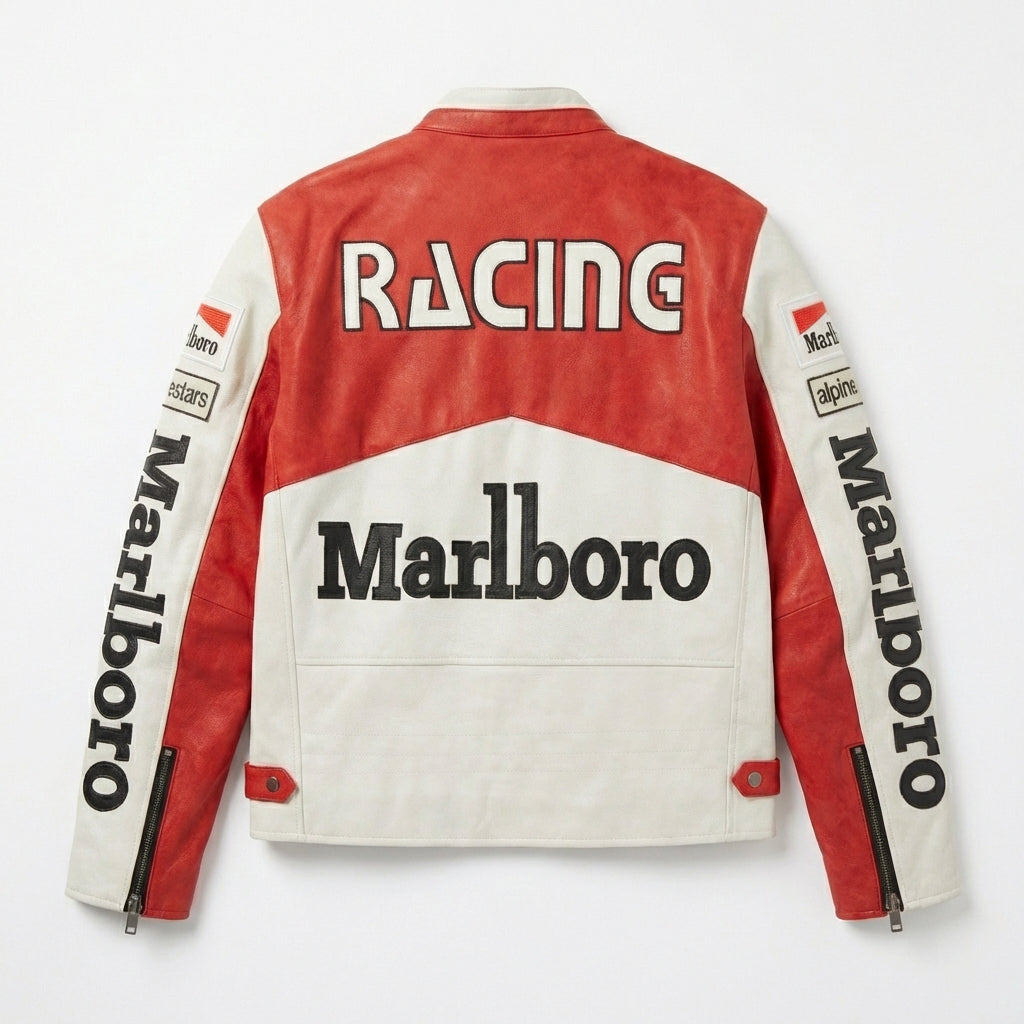 Chaqueta Marlboro Racing Color Block Roja Blanca | Cremallera frontal con logo parche estilo moto