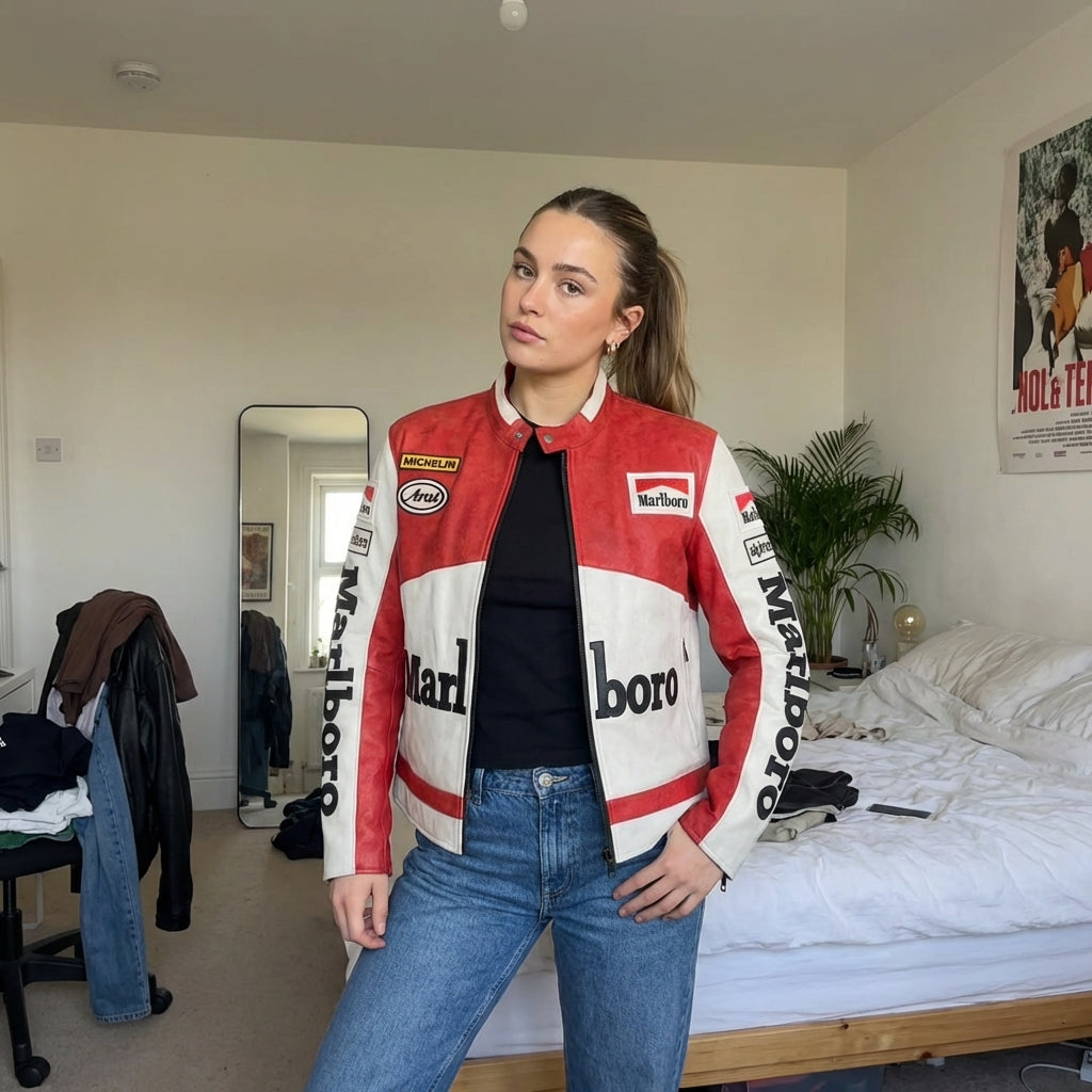 Chaqueta Marlboro Racing Color Block Roja Blanca | Cremallera frontal con logo parche estilo moto