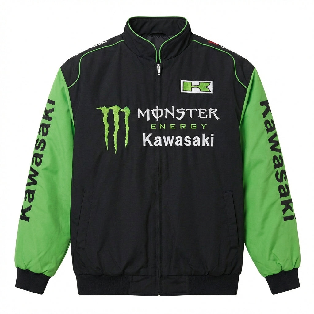 Chaqueta con cremallera del Equipo Kawasaki Monster Energy negra/verde | Bomber con logo del equipo Motocross