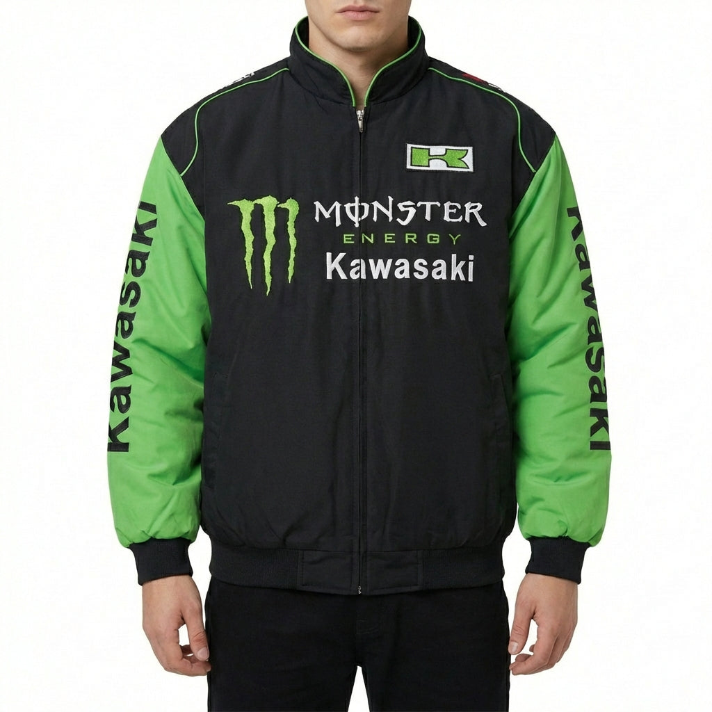 Chaqueta con cremallera del Equipo Kawasaki Monster Energy negra/verde | Bomber con logo del equipo Motocross