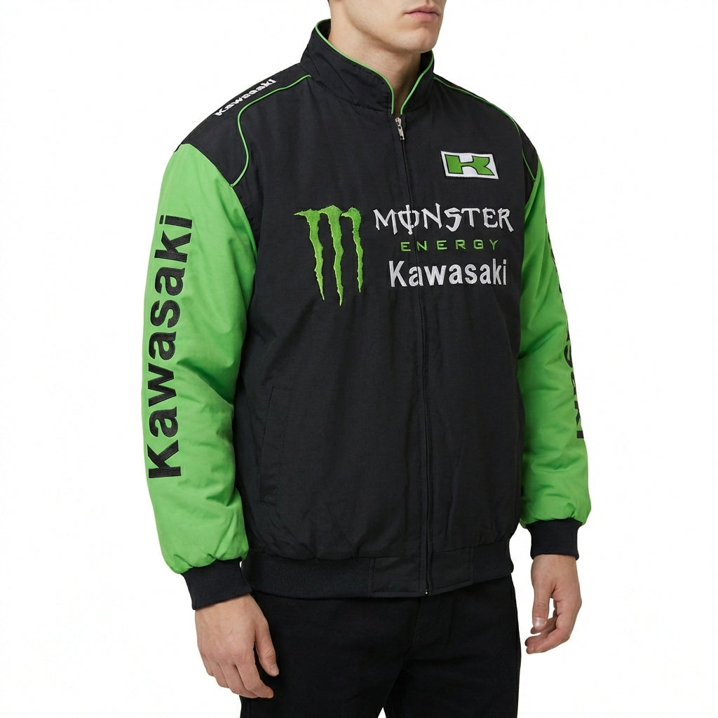 Veste de Course Zippée Kawasaki Monster Energy Noir/Vert | Blouson Aviateur Logo Équipe Motocross