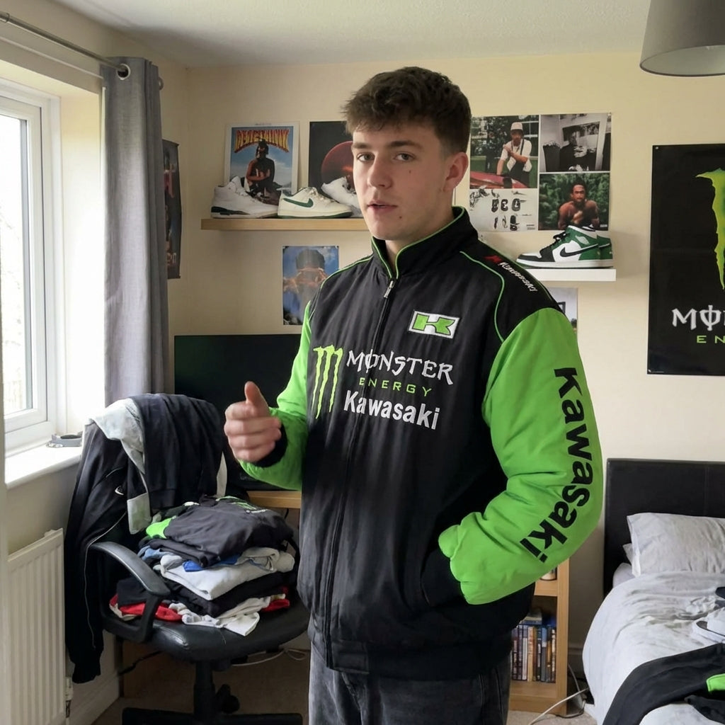 Veste Zippée Kawasaki Monster Energy Racing Noir/Vert | Bomber Logo Équipe Motocross