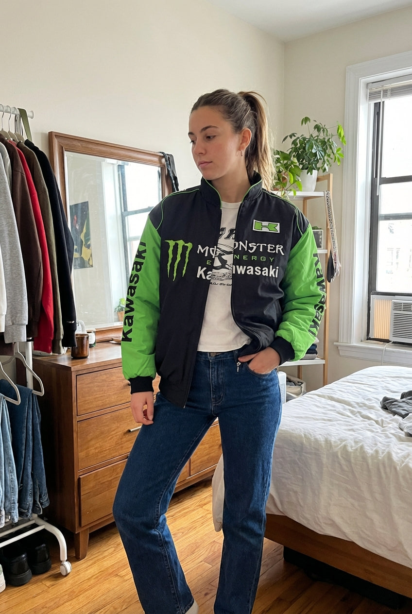 Kawasaki Monster Energy Zip-Up Racing Jacket Black/Green | Motocross Team Logo Bomber