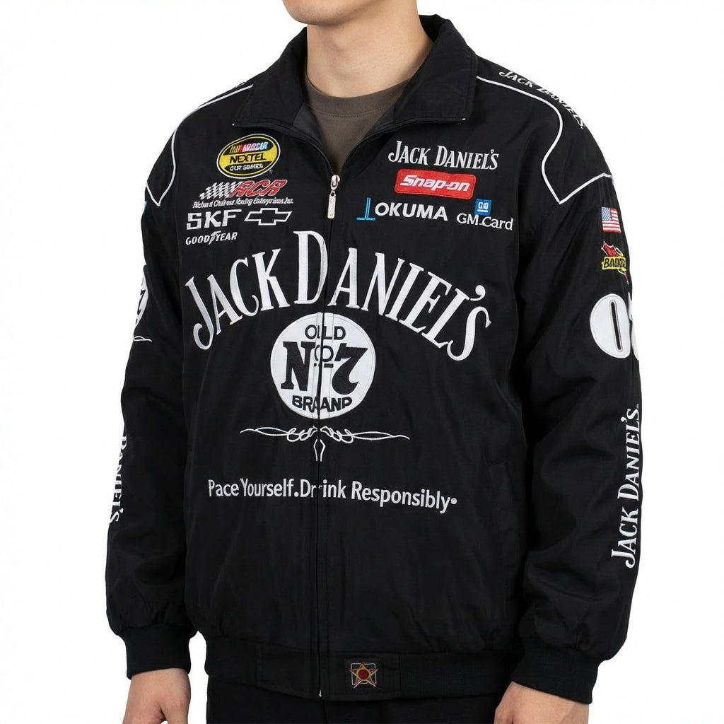 Veste de course Jack Daniel's Old No. 7 noire | Logos de sponsors NASCAR, fermeture éclair intégrale