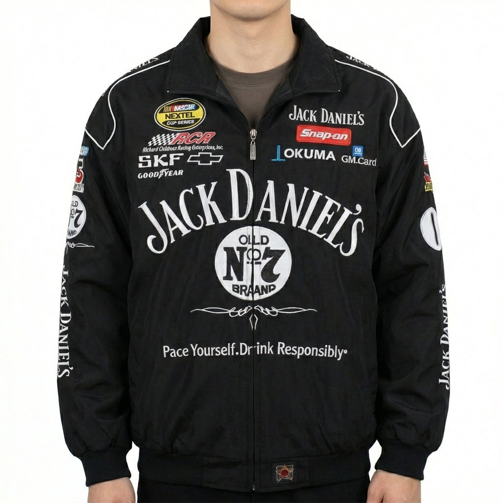 Chaqueta de Carreras Jack Daniel's Old No. 7 Negra | Cremallera completa con logos de patrocinadores NASCAR