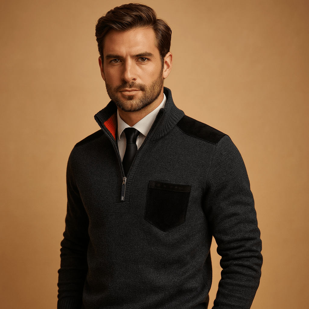 Suéter con media cremallera para hombre, diseño con cuello y bolsillo en el pecho