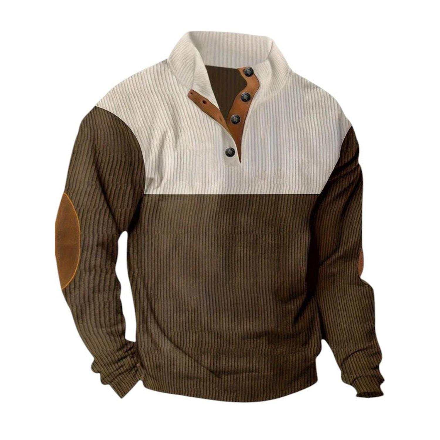 Pullover Herren Gerippter Viertelknopf Stehkragen Langarm Ellenbogen-Patches