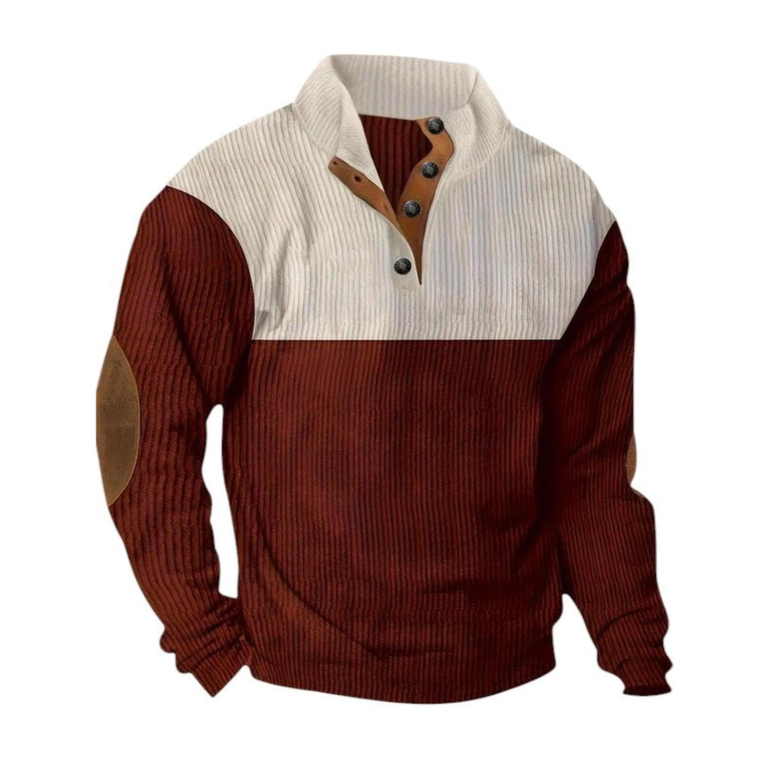Pullover Herren Gerippter Viertelknopf Stehkragen Langarm Ellenbogen-Patches