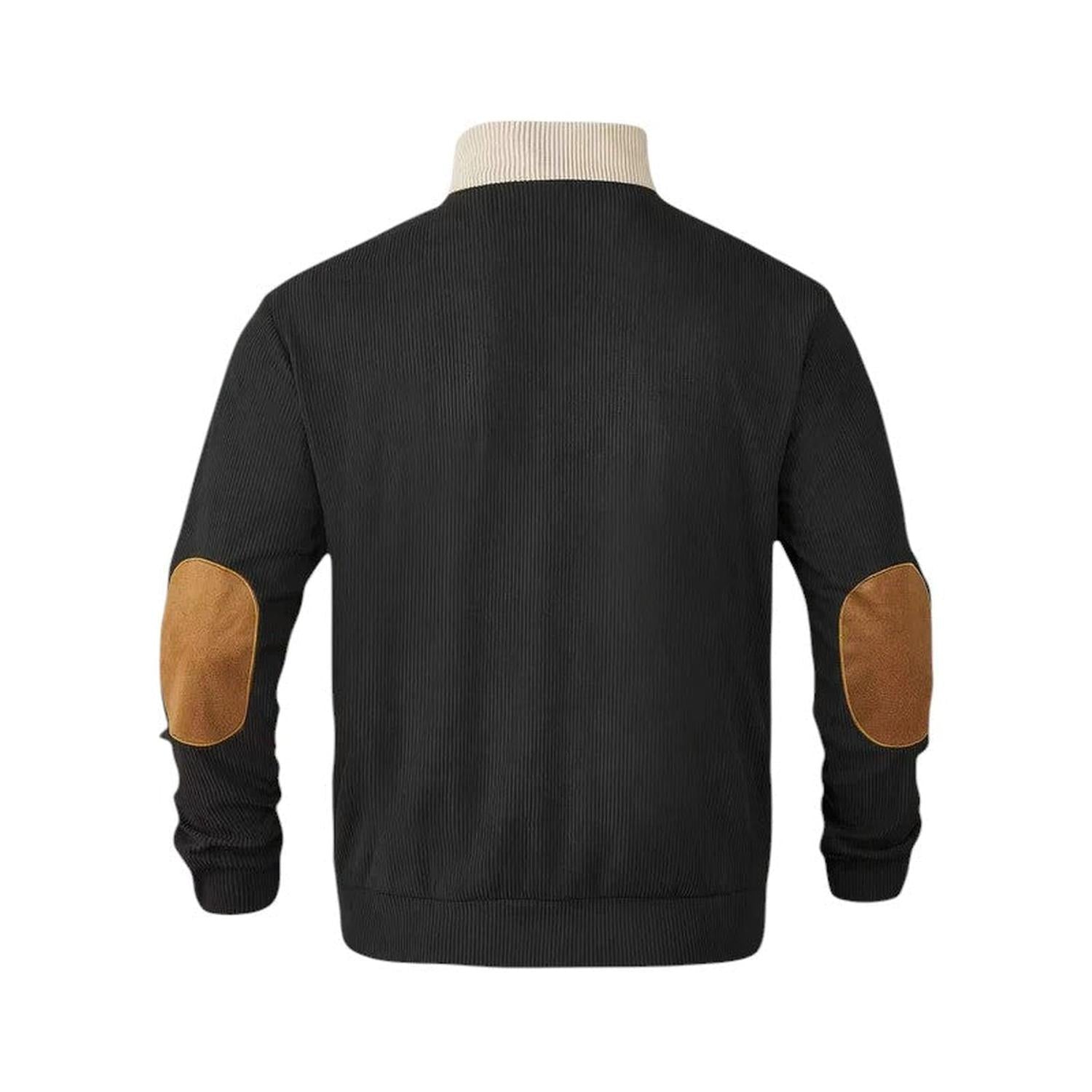 Pullover Herren Gerippter Viertelknopf Stehkragen Langarm Ellenbogen-Patches