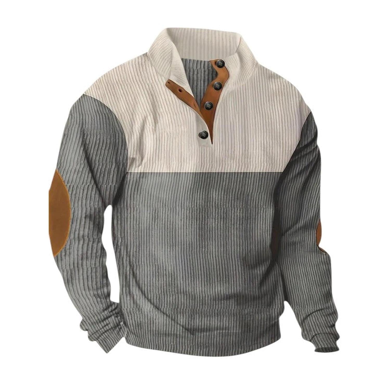 Pullover Herren Gerippter Viertelknopf Stehkragen Langarm Ellenbogen-Patches