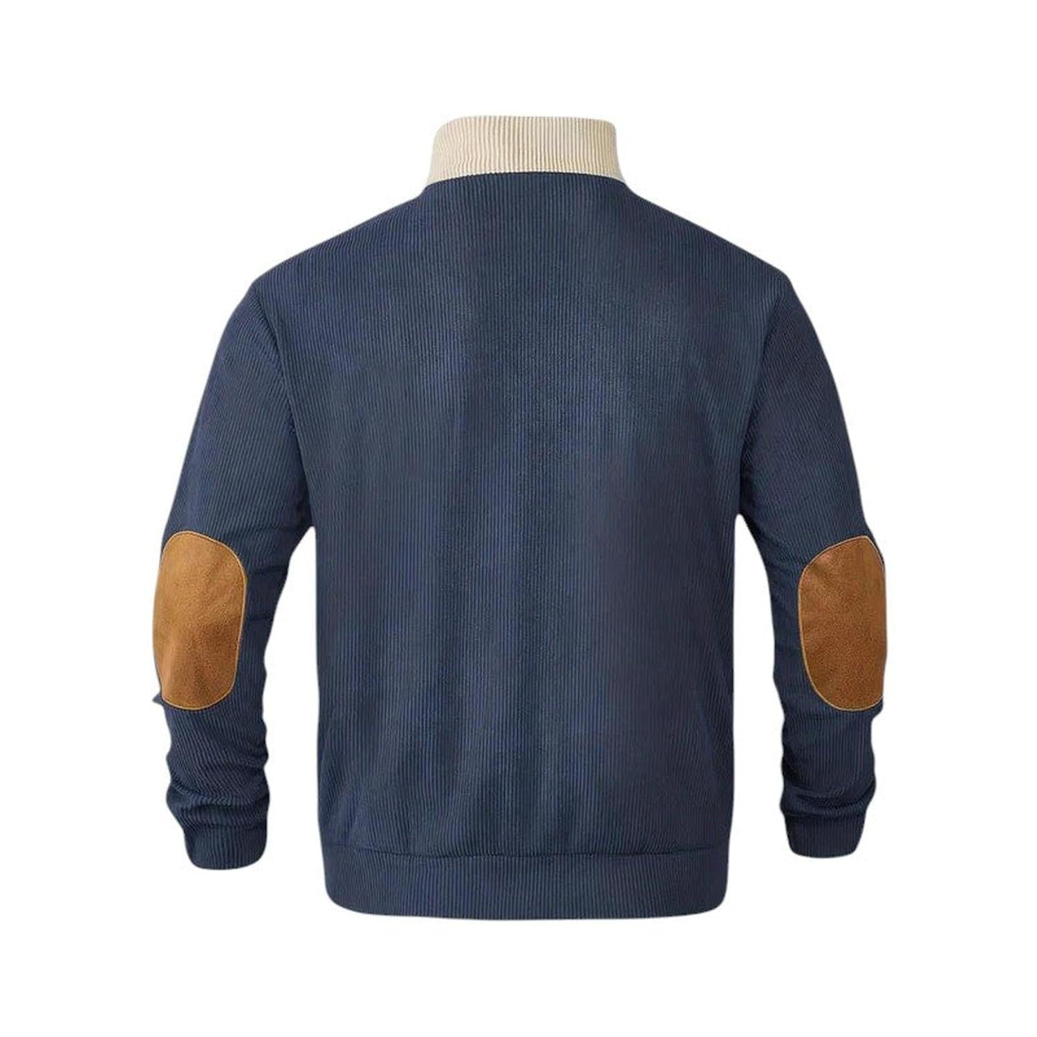 Pullover Herren Gerippter Viertelknopf Stehkragen Langarm Ellenbogen-Patches