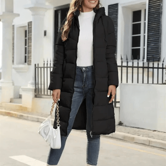 Chaqueta acolchada para mujer, cálida con capucha y abrigo largo
