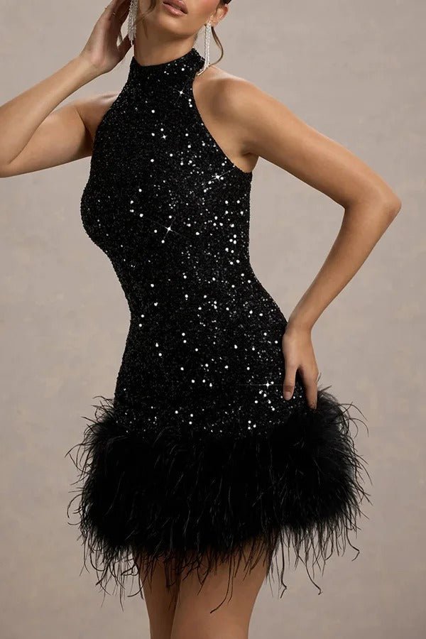 Abito con paillettes da donna collo halter mini vestibilità look glamour