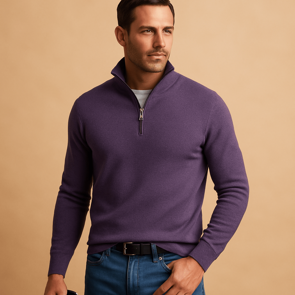 Maglione uomo, vestibilità comoda, chiusura frontale con zip per uso quotidiano