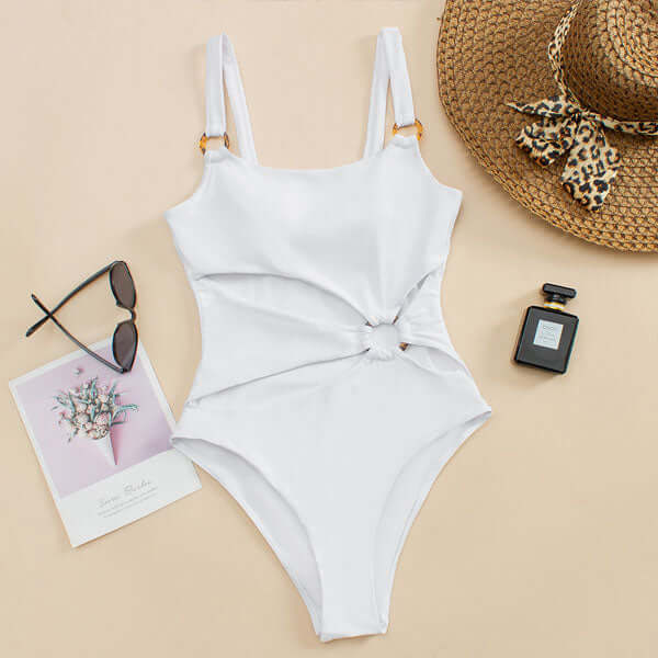 Damen Badeanzug, gerader Ausschnitt, Cut-Out vorne, Ringdetails
