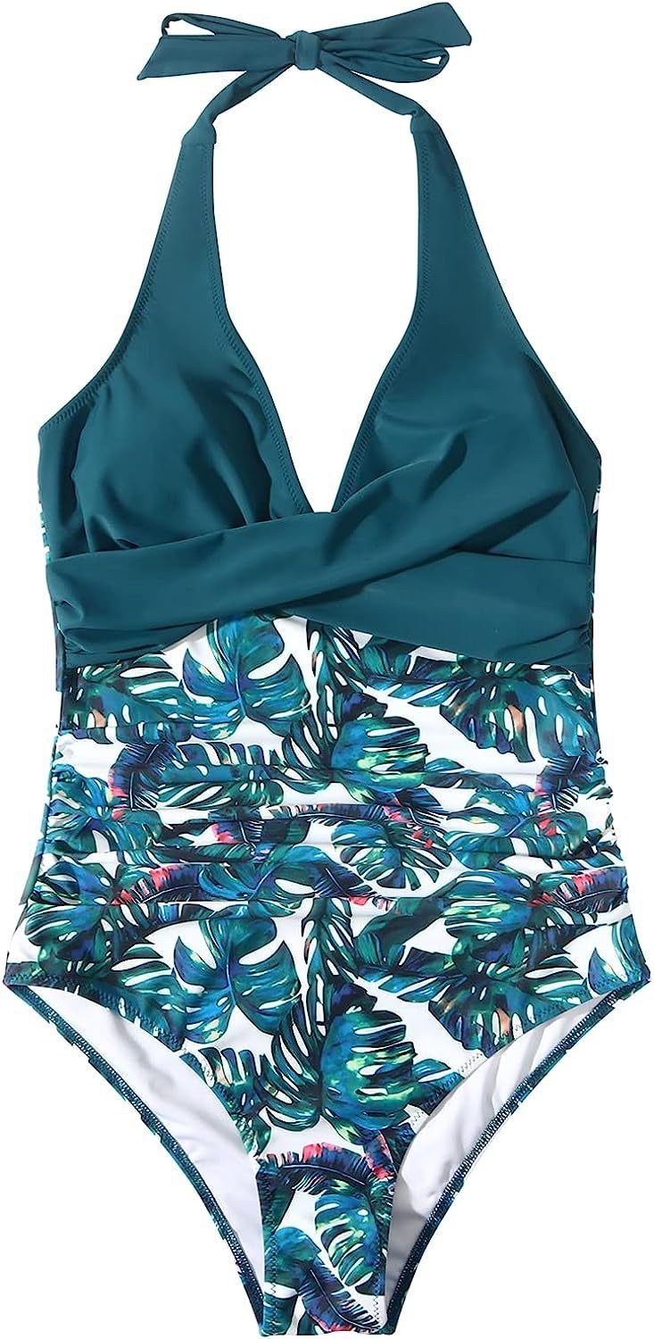 Bañador de una pieza para mujer, escote en V, halter, espalda descubierta, cintura fruncida