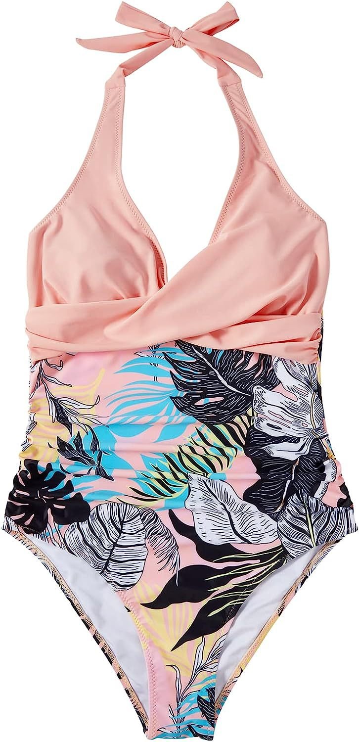 Bañador de una pieza para mujer, escote en V, halter, espalda descubierta, cintura fruncida