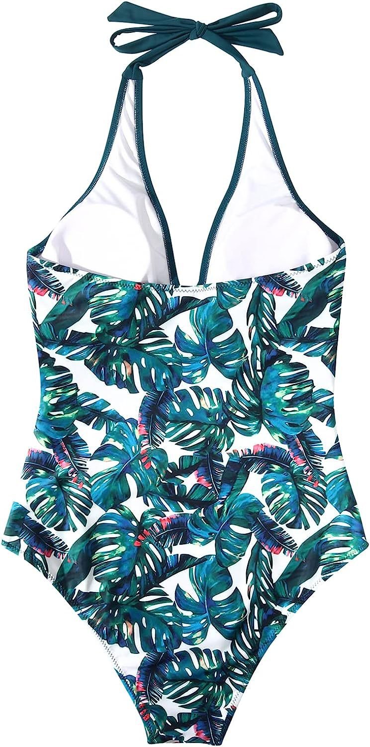 Bañador de una pieza para mujer, escote en V, halter, espalda descubierta, cintura fruncida