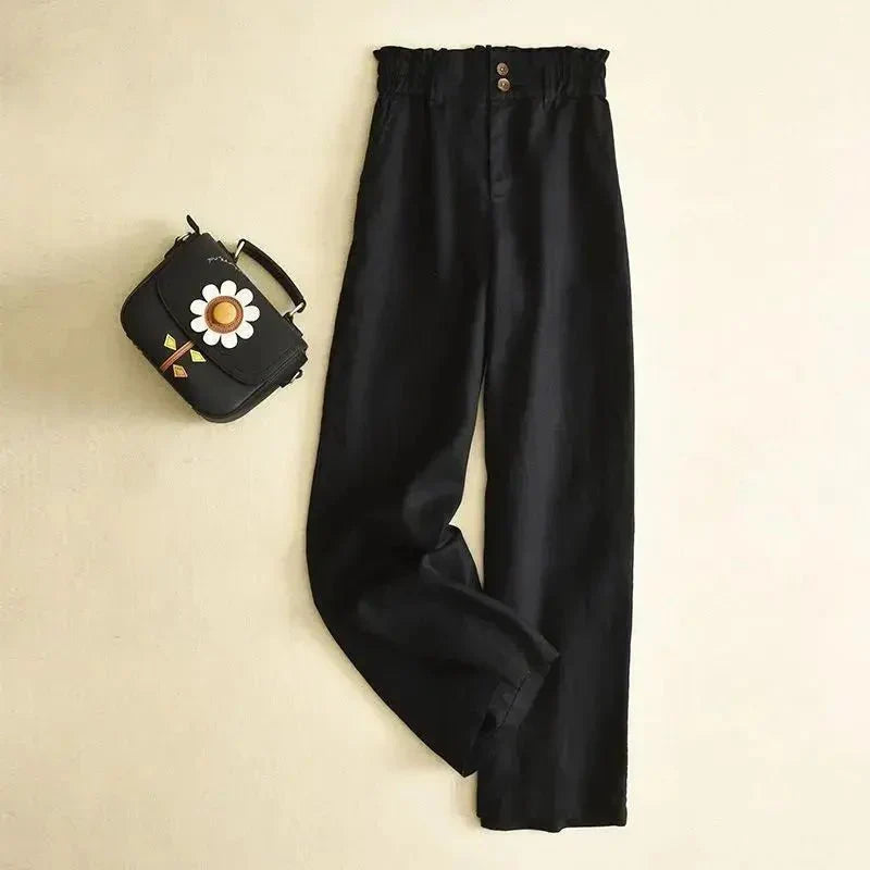 Pantalones de lino para mujer, cintura alta, corte ancho, cinturilla elástica