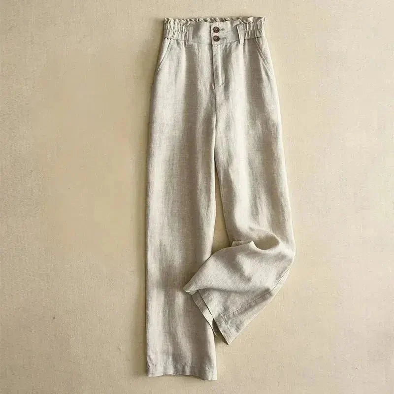 Pantalones de lino para mujer, cintura alta, corte ancho, cinturilla elástica