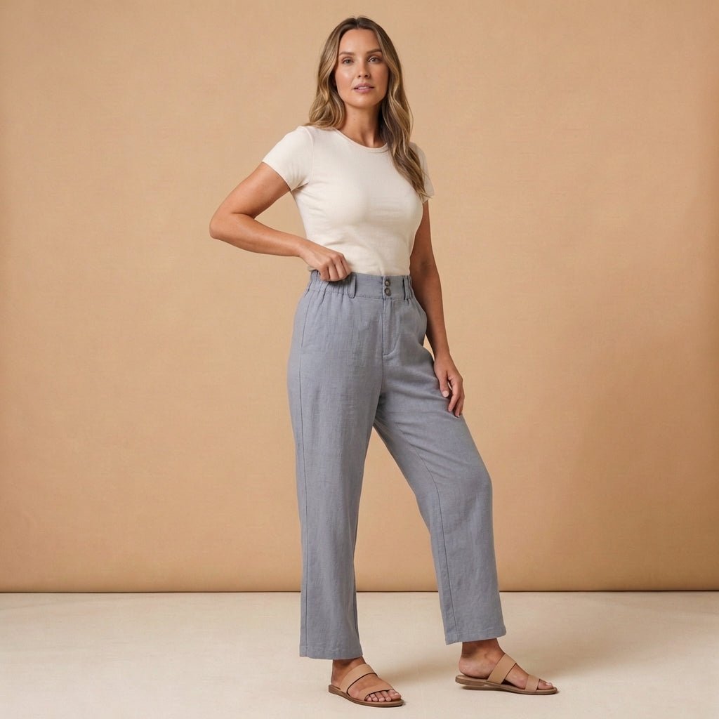 Pantalones de lino para mujer, cintura alta, corte ancho, cinturilla elástica