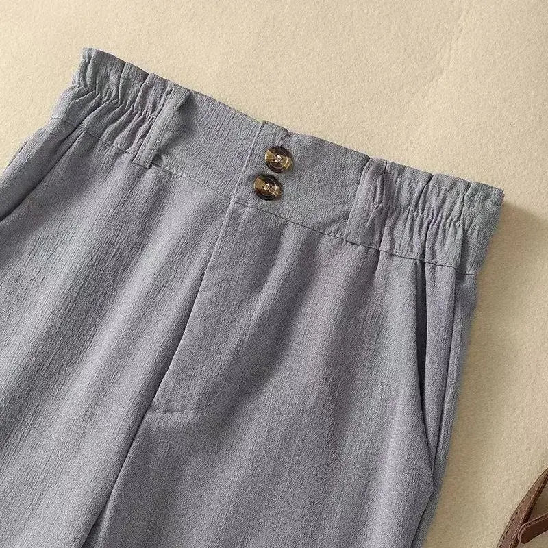 Pantalones de lino para mujer, cintura alta, corte ancho, cinturilla elástica